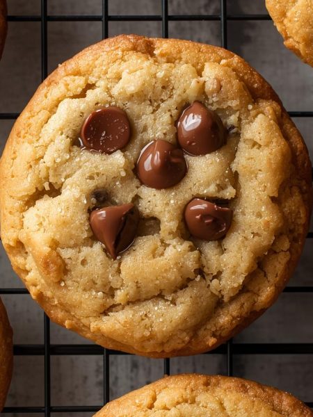 a top down shot of several chewy, golden brown chocolate chip cookies on a wire cooling rack, with a few chocolate chips melted on top