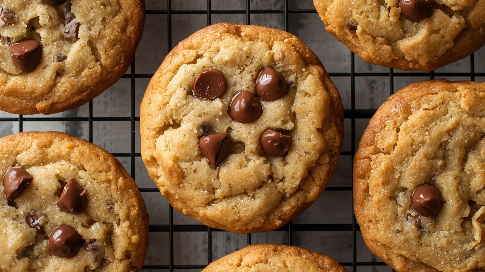 a top down shot of several chewy, golden brown chocolate chip cookies on a wire cooling rack, with a few chocolate chips melted on top